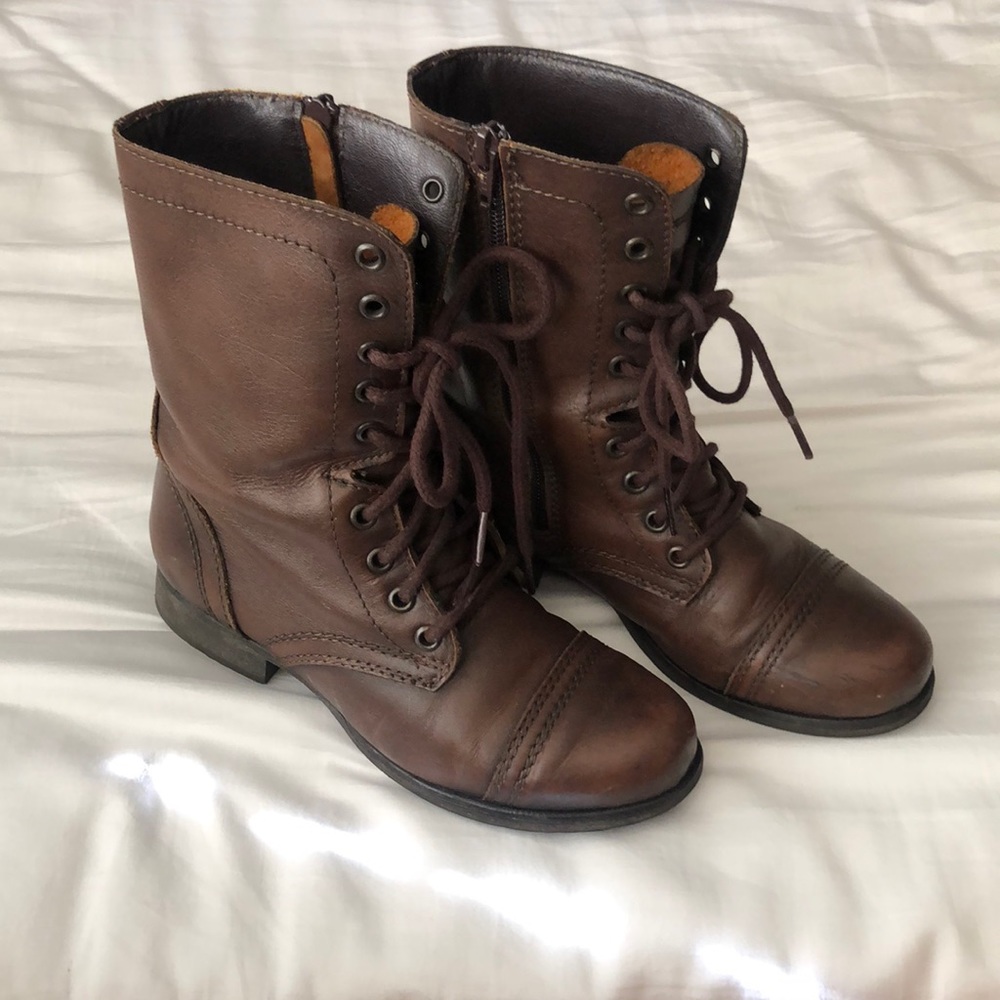 WOMENS 6.5 STEVE MADDEN TROOPA BROWN LEATHER BOOTS